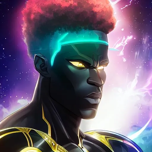 Prompt: Half body portrait of a Artemis the powerful man, extremely flexing muscle, have a black skin made of obsidian stone, have a black hair with afro style, have a full body with detailed shining red veins like magma, the eyes is totally red,  wearing arms protection with black color, a dark ambient light in a Moonlight landscape ,moonlight, green meadow white flowers , true man face, face emotion is prideful, perfect anatomy, centered, highly detailed, character sheet, artstation, concept art, smooth, sharp focus, illustration, intricate, elegant, 8K,  unreal engine, symmetry, perspective 