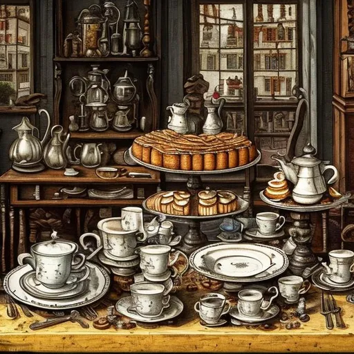 Prompt: iron table with full coffee cups, a lot of french pastry on separate plates, in the style of Albrecht Altdorfer