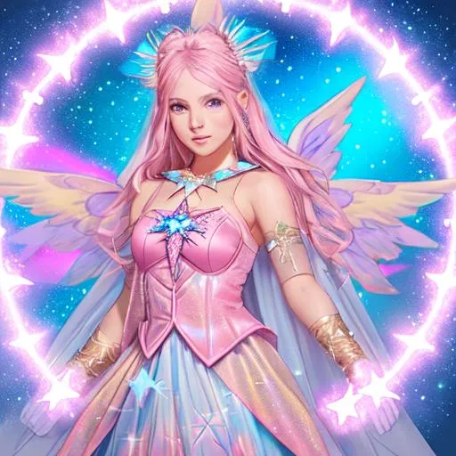 Prompt: A star druid aasimar woman wears a costume predominantly pastel pink and blue, with a glittering cape adorned with stars. The bodice of the costume is sleeveless and fitted, with a pink star-shaped emblem in the center. The emblem is surrounded by a blue circular pattern that radiates outward like a starburst.

Her gloves are also pastel pink and come up to her elbows, with a blue star-shaped emblem on the back of each hand.

Emilie's hair is pulled back into a high ponytail, with a pink star-shaped hair clip holding it in place. She also wears star-shaped earrings and a pendant necklace with a small crystal sphere that looks similar to the one she carries on her staff.

portrait, perfect composition, hyperrealistic, super detailed, 8k, high quality, trending art, trending on artstation, sharp focus, studio photo, intricate details, highly detailed, by greg rutkowski