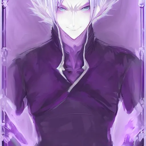 Prompt: anime, portrait of Male devil, purple skin, white hair, Re:Zero style, symmetrical, concept art, digital painting, looking into the camera, square image
