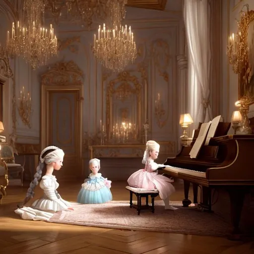 Prompt: marie antoinette little girl listening to mozart child while he play the piano in the hall of a castle