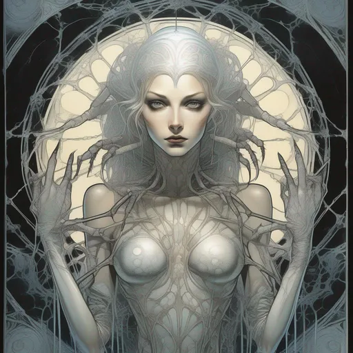 Prompt: Retro comic style artwork, highly detailed {full-body pale-skinned young spider queen with multiple spider eyes, four long hands, silver spiderweb,  water background, moon, by Alfonse Mucha,  by Giger}, comic book cover, symmetrical, vibrant