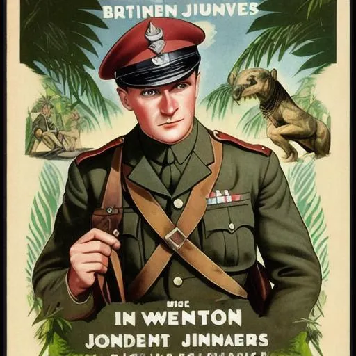 Prompt: 1930s Adventure movie Poster, British ww1 officer, African Jungle