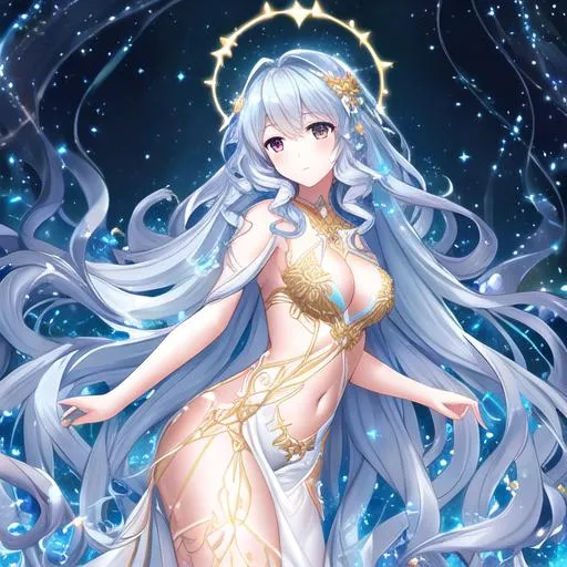 Anime queen with long white hair, blue eyes and tanned skin