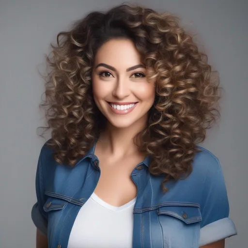 Prompt: An attractive 35 year old woman with very curly hair, elegant, large eyes, modern, stylish makeup, full body view, white tshirt and blue jeans, happy, smiling, posing, studio background
