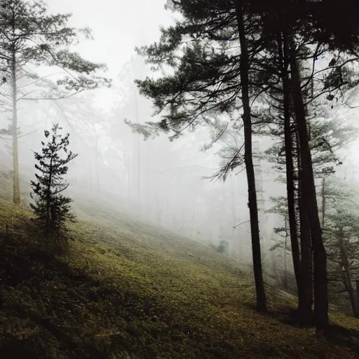 Prompt: Misty forest, depth, small house on a mountain in far distance