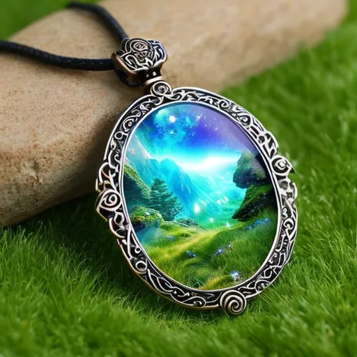 Prompt: a glimmering amulet by the side of the path, magical, forest path, amulet, glowing, energy, grass background, 