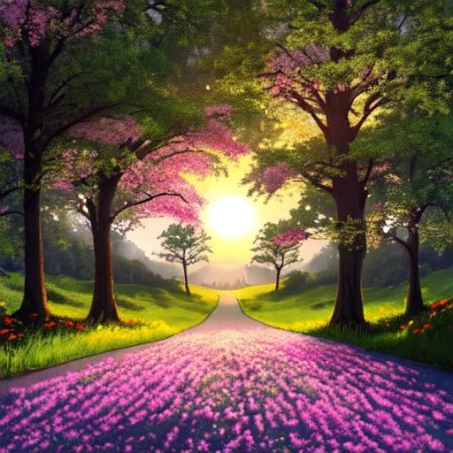 Prompt: Rising sun. At the end of the road there is a portal to another world. Trees, shrubs, grass and flowers along the road.