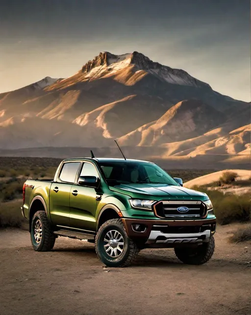 Prompt: A rugged green 2000 Ford Ranger pickup truck parked on a dirt road leading out to an epic mountain landscape at sunset. Dramatic backlighting and perspective in the style of automotive ads, shot with a Phase One IQ4 150MP and 24-70mm lens.