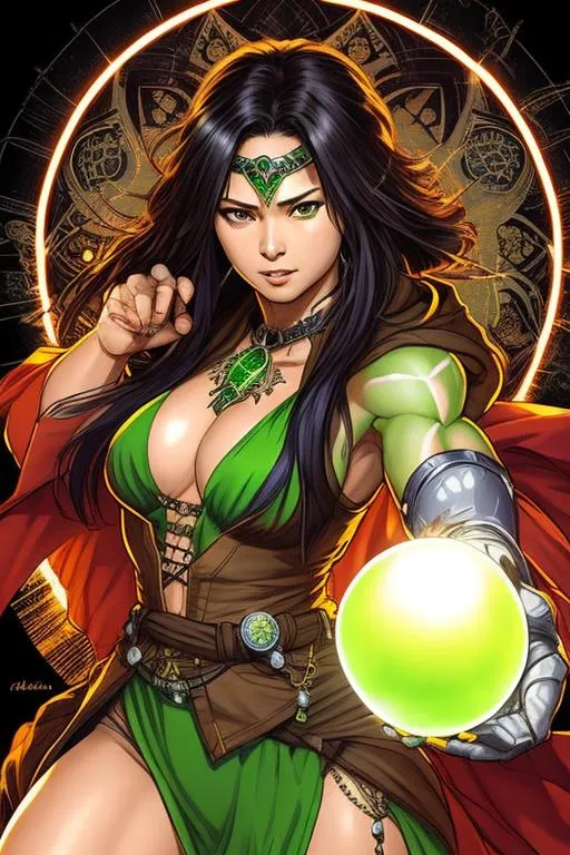 Prompt: (((Yoji Shinkawa))), sticker of ultra detailed portrait of she hulk as fortune teller, holding large crystal ball, wearing a hood, high quality cell shaded illustration in post apocalyptic style by Yoji Shinkawa, ((full body)), dynamic pose, perfect anatomy, centered, freedom, soul, black long hair, approach to perfection, cell, green skin, shading, 4k , has a large crystal ball, evil grin, beautiful, cinematic dramatic atmosphere, watercolor painting, global illumination, detailed and intricate environment, artstation, concept art, fluid and sharp focus, volumetric lighting, cinematic lighting, Art by Yoji Shinkawa,