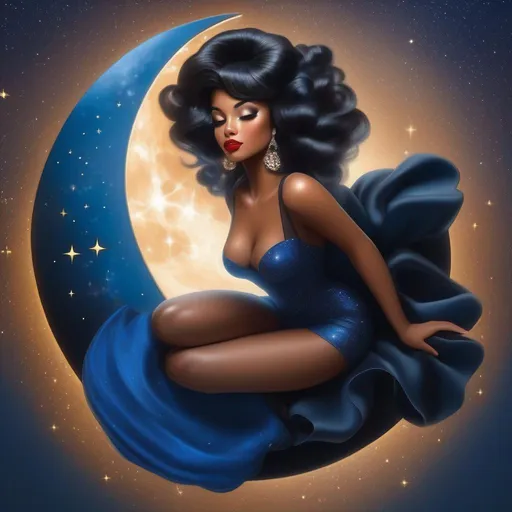 Prompt: 3d art pin-up girl moon blue glitter laying pretty poseing brown skin black hair