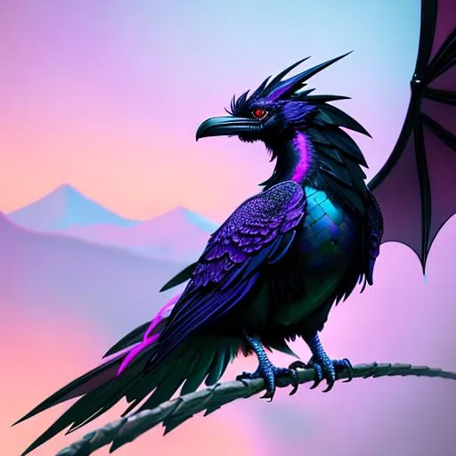 Prompt: raven dragon, pastel colors, reflective, perfect composition, hyperrealistic, super detailed, 8k, high quality, trending art, trending on artstation, sharp focus, studio photo, intricate details, highly detailed, Trending on Artstation, Cozy wallpaper, Pastel colors, soft lighting