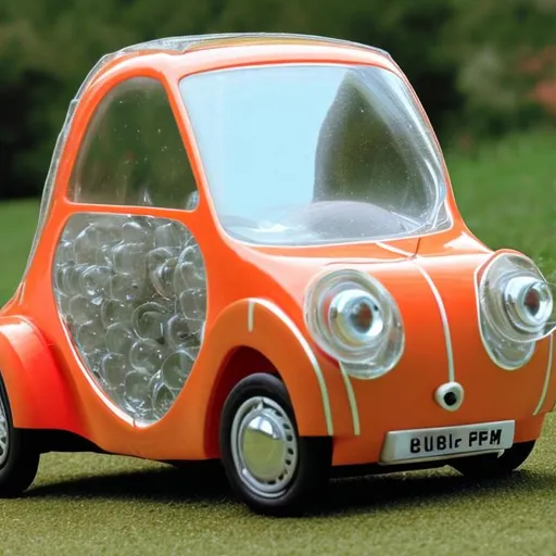 Prompt: Microcar made out of transparent plastic bottles glued together