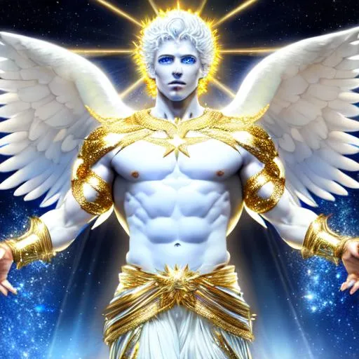 Prompt: stars, Heaven, male, curly, fade, buffed, Lifegiver, beautiful, white, blue, hyper realistic, bright, gold, god-like figure, 