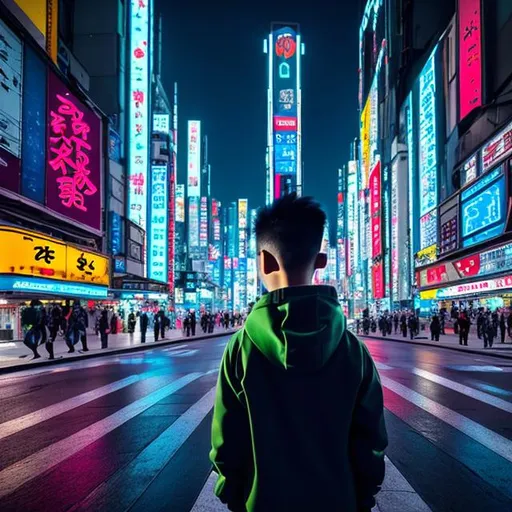 Prompt: Futuristic Boy standing on neon building wearing mask and hoodie looking over the massive cyberpunk city of Tokyo