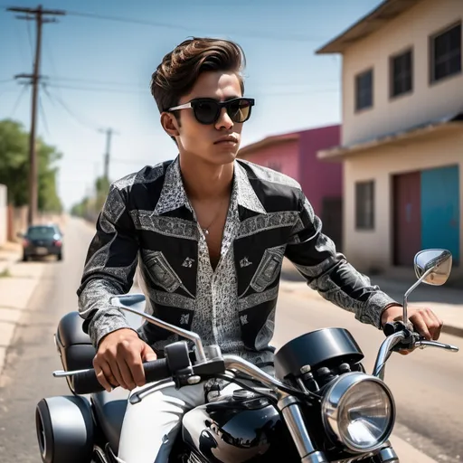 Prompt: A young man exudes confidence while perched on a sleek black motorcycle alongside a sunlit road. Dressed in a patterned black and white shirt, his striking oversized sunglasses reflect a hint of vibrant colors, adding to his stylish demeanor. The scene is set in a semi-rural area, with scattered buildings in the background hinting at a quiet, laid-back atmosphere. In the distance, a couple of other motorcycles can be seen on the road, suggesting a leisurely day of riding. The overall mood conveys a sense of adventure and personal style, enhanced by the warm, bright lighting of a clear day.