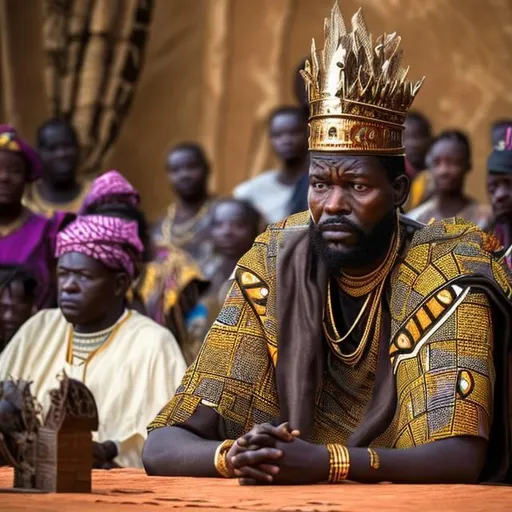 Prompt: an african king  looking worried with people in his palace