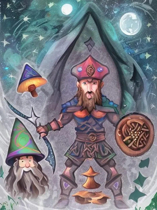 Prompt: Moon and stars behind. Celtic wizard next to shroom warrior