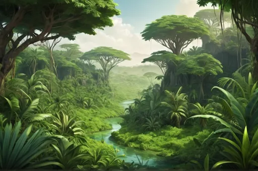 Prompt: Fantasy Illustration of a Beautiful African lush green djungle landscape