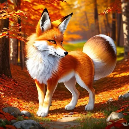 Prompt: (3D, masterpiece, detailed oil painting,, UHD character, UHD background) Adolescent runt vixen fox, 2-foot {quadruped}, dreamy amber eyes, fuzzy white-gold pelt, copper bracelet with gold etchings on head, pointy brown ears, vivid red sugar maples, timid, curious, slender, scrawny, fluffy gold-white mane, blue frosty fur highlights, warm orange fur highlights, frost on face, dreamy, melodic, beautifully detailed fur, beautifully detailed eyes, beautifully detailed defined face, beautifully detailed defined furry legs, beautifully detailed background, full body focus, 8k, 16k