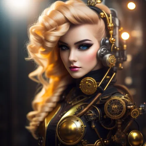 Prompt: Please produce a photograph of a steampunk robotic beautiful female android, blonde hair, with fantasy colors, flashy lights, in a dark background, high quality, trending art, trending on artstation, sharp focus, studio photo, intricate details, highly detailed, UHD, HDR, 8K, ((Masterpiece))