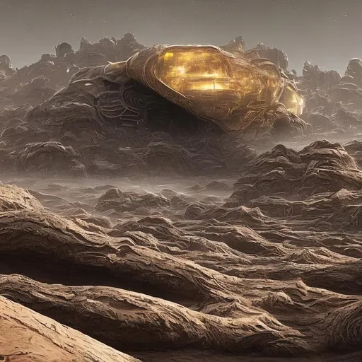 Prompt: frank herbert's dune immense ruins covered in sand, broken spaceship, distant sand worms, text "fear is the mind killer" landscape realistic