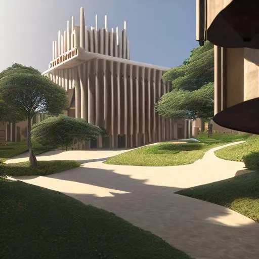 Prompt:  university, inspired by Oxford university with elements of African architecture inspiration, volumetric natural light, ultra realistic, vray, far view, perspective landscape
