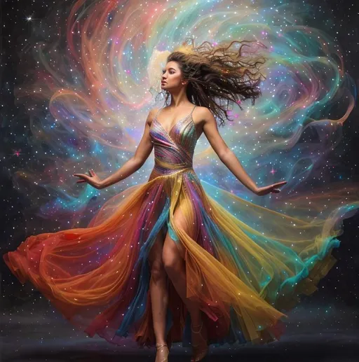 Prompt: a stunning depiction of a dancer whose flowing movements create beautiful, swirling galaxies. The dancer's form and dress are painted with stars and cosmic dust, illustrating the harmony between human expression and the universe. Light background 