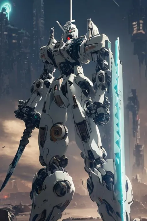 Prompt: A white mecha with sleek but complex armour design holding a sword and floating weapons surrounding it with a ruined city as background