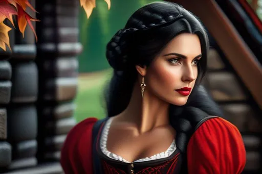 Prompt: Woman with black hair in a scarlet medieval dress with a brown leather corset. Forest in the background with a stone cottage; focus on woman, UHD, hyper-realistic, vivid, striking, photography, cinematic lighting, photo-realistic, 8k, sharp focus, intricate details, trending on artstation