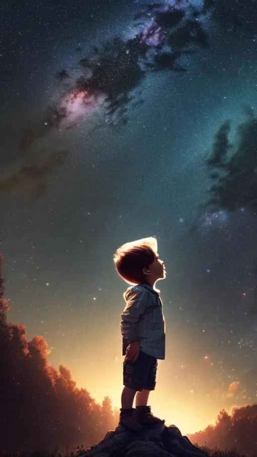 Prompt: A realistic photo of a little boy look up to the midnight sky, galaxy in night sky, natural, glamorous, wonderful, stars and planets, landscape, hd, 4k, ultra realistic.