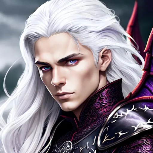 Prompt: Targaryen, Valeryen, androgynous man,  UHD, 64k, sharp focus, beautiful, white hair, purple eyes, intricate details, full red body armor, masculine face, dragon armor, black dragon wings, amazing black crown on head, muscular body 