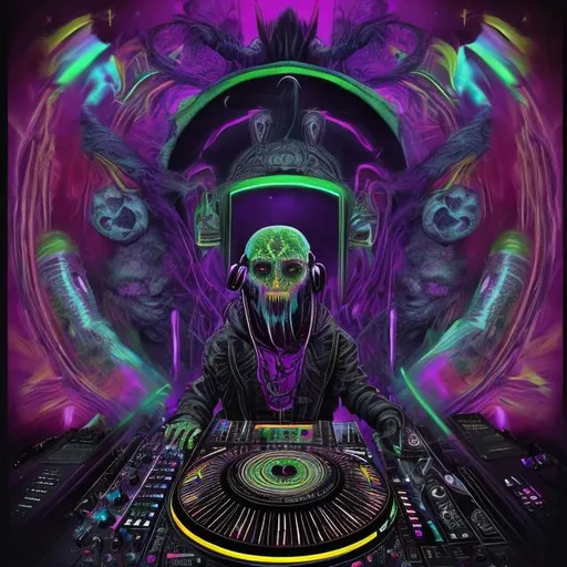 Prompt: Album cover 
Visual art
Dark
Psychedelic creature man using DJ decks