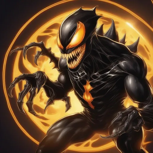 Prompt: dark bronze symbiote with golden spiked sun markings, solar flare, nightmare fuel, Masterpiece, Best Quality, in cartoon style