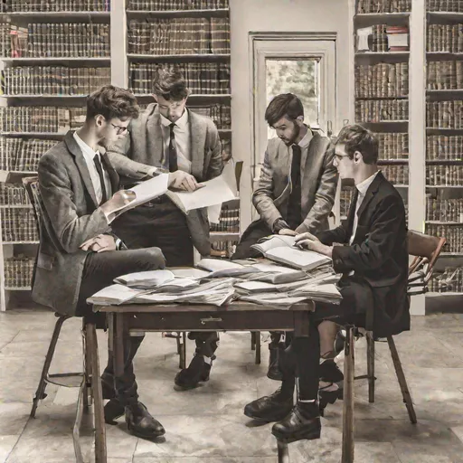 Prompt: Three male european students working on a literature research
