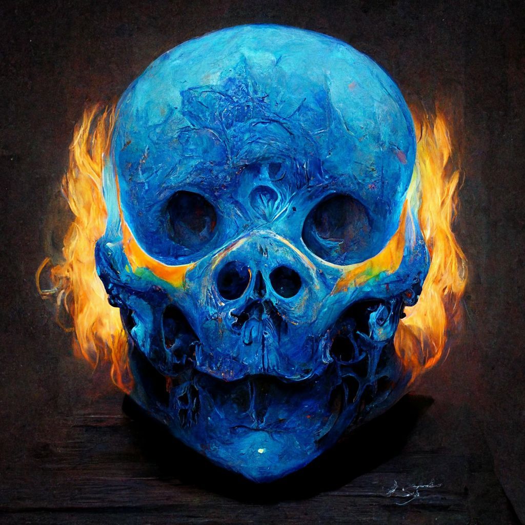 Prompt: An artistic painting of a skull with blue fire