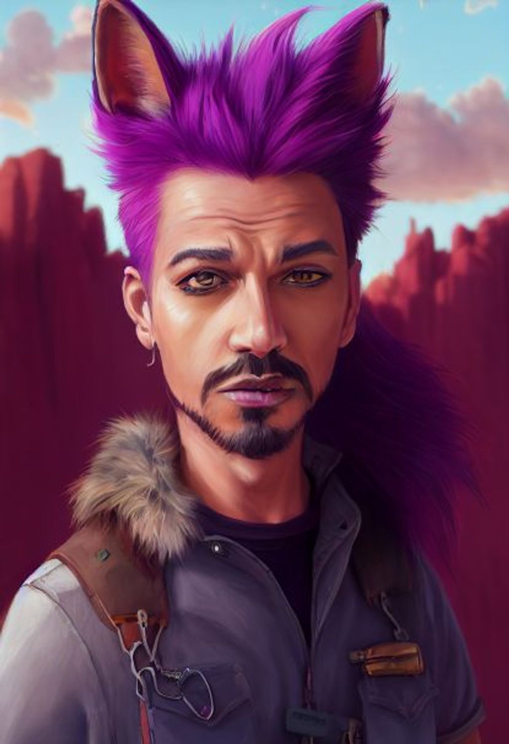 Prompt: Headshot + crimson furred jackalfolk with purple hair + in a desert with punk clothing, male, style of zootopia, anthropomorphic jackal, green eyes, fashionable, hyper realistic, ultra detailed, cinematic scene, painted by Pixar, digital painting, low angle shot 