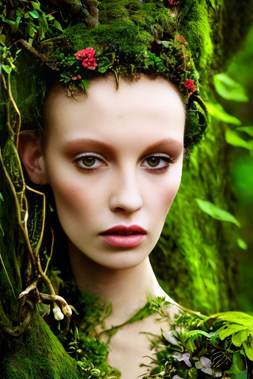 Prompt: Pretty dryad in a jungle. Perfect eyes, mossy skin, intricate vine, sensuality, floral haute couture by Alexander McQueen and Jean-paul Gaultier, medium shot, 35mm lens, hyperdetailed, sharp focus, 4k