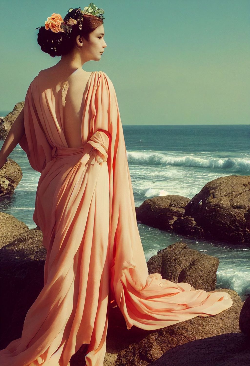 Prompt: wide shot of the most beautiful siren on a rock with ocean surf. Perfect eyes, beautiful greek robe, beautiful peach skin, intricate vine, sensuality, floral haute couture by Alexander McQueen and Jean-paul Gaultier, medium shot, 35mm lens, hyperdetailed, sharp focus, 4k