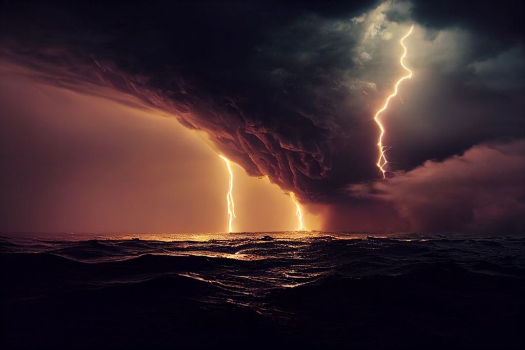 Prompt: lighting caught in a tornado over the ocean, dark and stormy night, rough waves, lighting everywhere, rain, dark grey clouds, scary, fear, impressive, realistic, 8k, octane render, cinamatic, intense details,