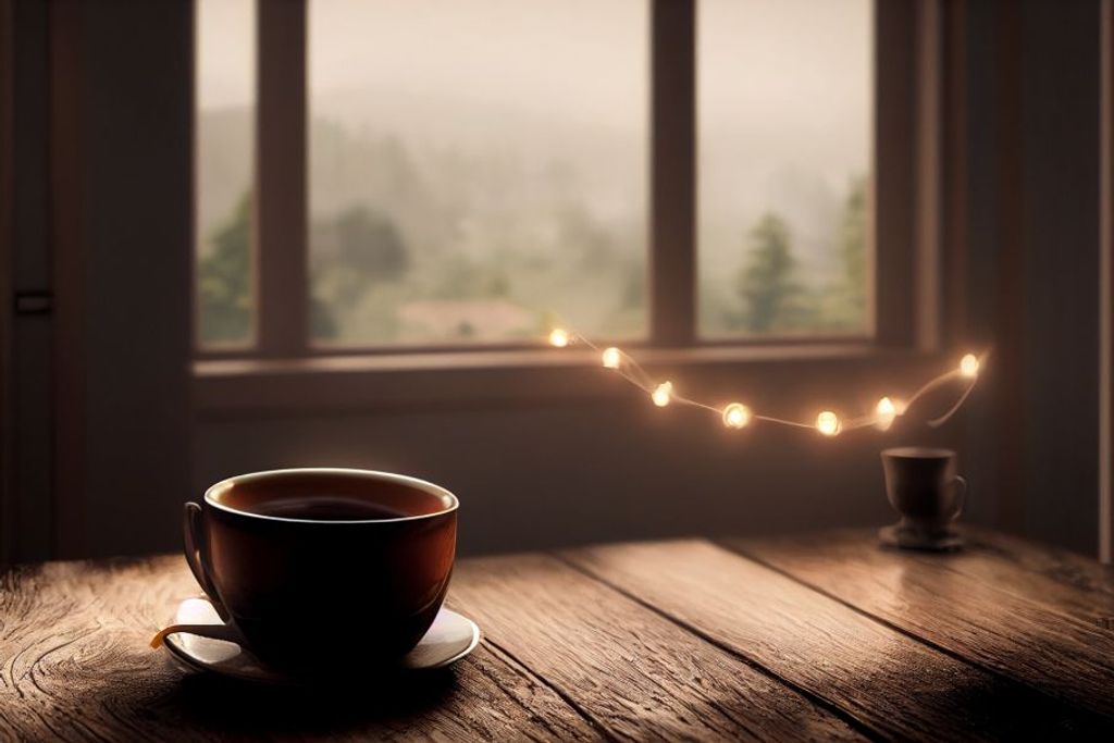 Prompt: standing on a oak wooden porch looking out at the rain and lighting on the mountians infront of you, a tea cup rests on the table infront of you, calm, wonder, zen, beauty, photorealistic, realistic, 8k, octane render, cinamatic, intense details,