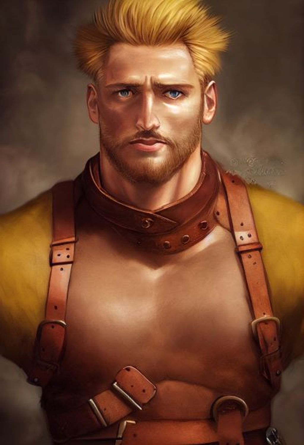 Prompt: character concept, big bara short haired blond man, yellow eyes, clean shaved, friendly smile, strong jaw, square face, brown leather and copper armor, leather buckles, leather belts, missing shirt, muscular, large pecs, god, sweet, detailed and intricate, visual novel, beautiful lighting,