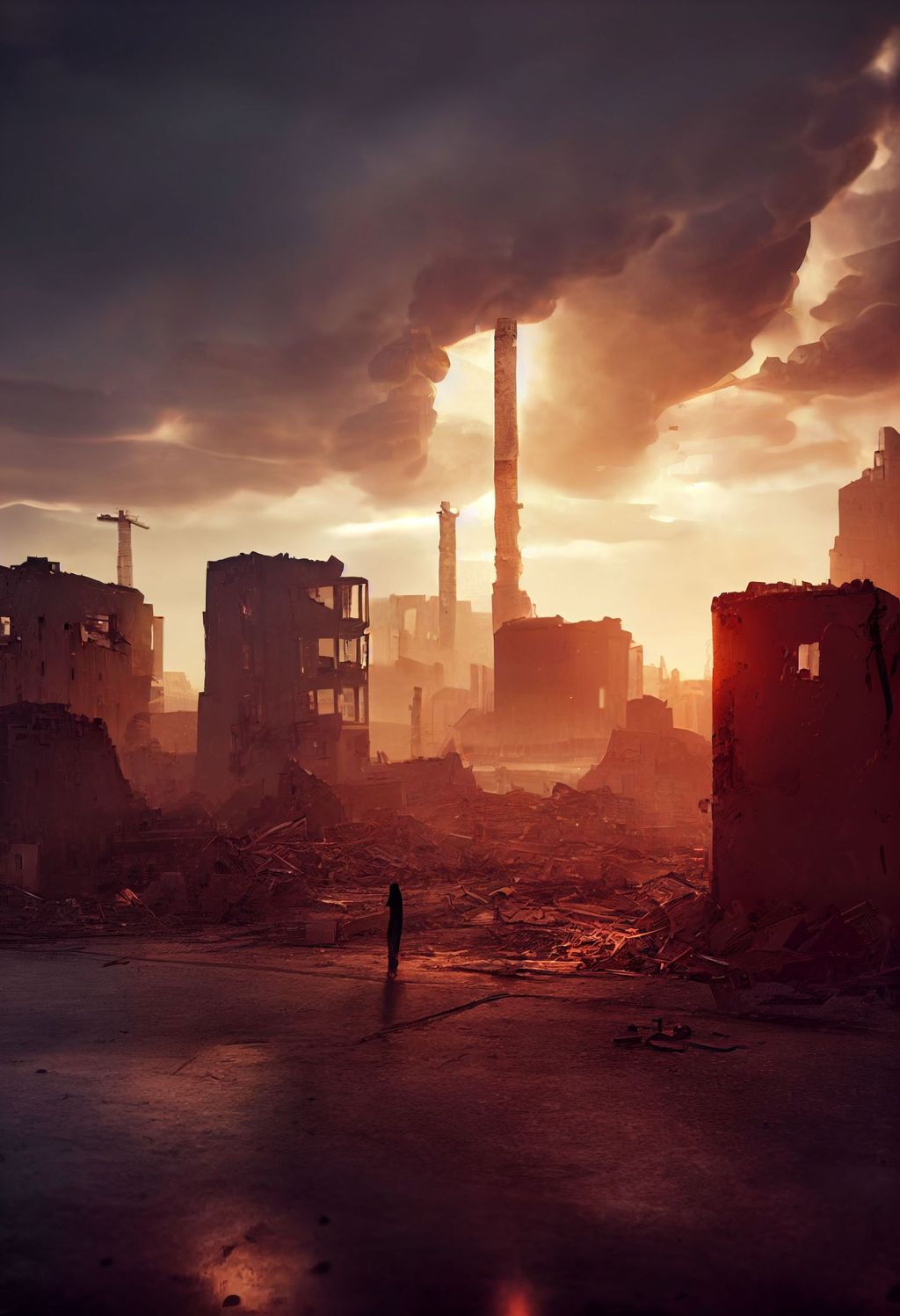 Prompt: a city destroyed by a nuclear explosion, epic scene, intricate details, dramatic lighting, dramatic back-lighting hyperrealistic, unreal engine, octane render, vray