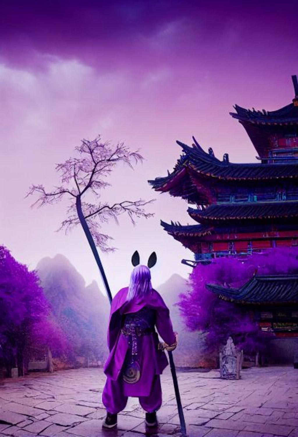 Prompt: full body charater concept, of a white man with purple spikey hair standing on pavement, a large sword is strapped to his back, Genshin Impact inspired clothing + electric purple clothing colors, bright blue eyes, warrior, plucky, stoic, funny, Background + Old Chinese village + castle, ,purple fox ears and tail, volumetric, unreal engine, vfx, post processing, post production, graphic novel 