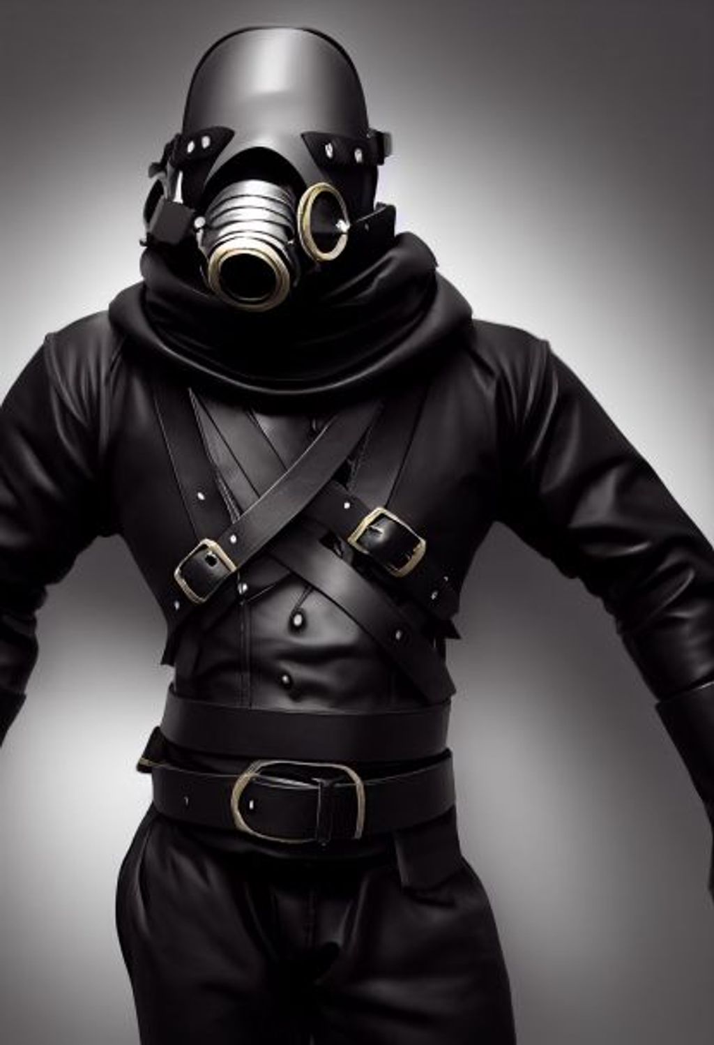 Prompt: full body charater concept, male, full body tight black latex one peice, leather black belt buckles around hands and feet binding to wall in the shape on an X, a black gas mask, muscular, bara, big chest, excited, hot, ready for fun, volumetric, low angle lighting, insanely detailed, insanely intricate, realistic,