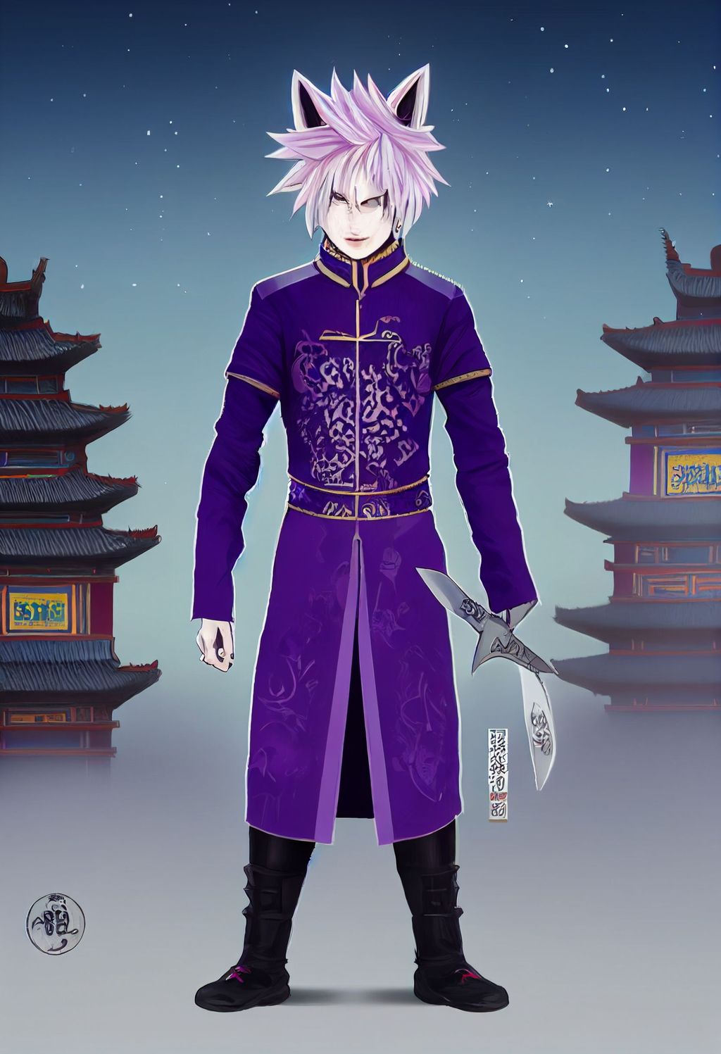 Prompt: full body charater concept, of a white man with purple spikey hair standing on pavement, a large sword is strapped to his back, Genshin Impact inspired clothing + electric purple clothing colors, bright blue eyes, warrior, plucky, stoic, funny, Background + Old Chinese village + castle, ,purple fox ears and tail, volumetric, unreal engine, vfx, post processing, post production, graphic novel