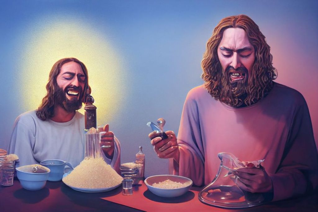 Prompt: Jesus and the Holy Ghosting using a bong and getting high, two people, white sugar on noses, background + piles of sugar on the table next to straws + marijuana, laughing, happy, stoned, caring, hungry, volumetric, low angle lighting, insanely detailed, insanely intricate, painted by Pixar