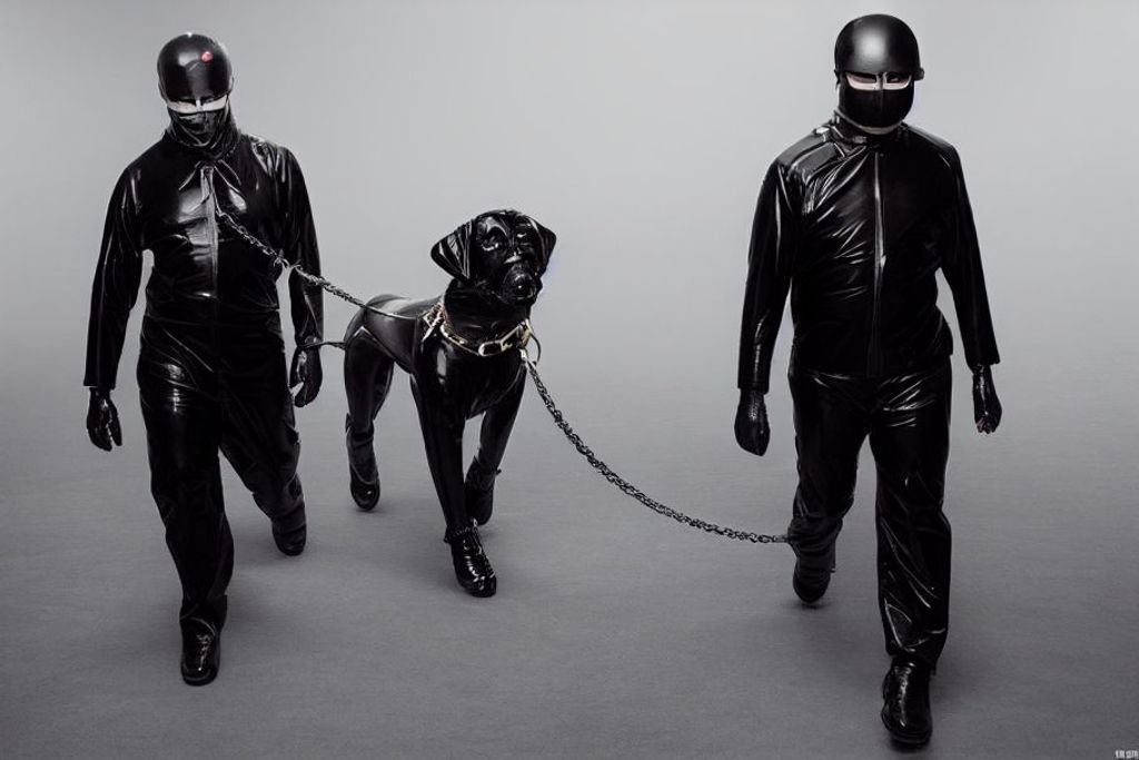 Prompt: two men wearing black latex, one man is walking the other man like a dog on fours, puppy play, chain leash, leather dog mask,leash, leather belts, sub, eagar to please, loyal, walking pet human, volumetric, low angle lighting, insanely detailed, insanely intricate, realistic, black color scale, grey smoke swirling around