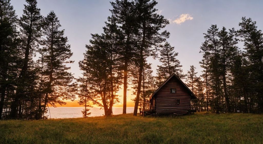 A wooden cabin on a grass hill with trees near a bea... | OpenArt