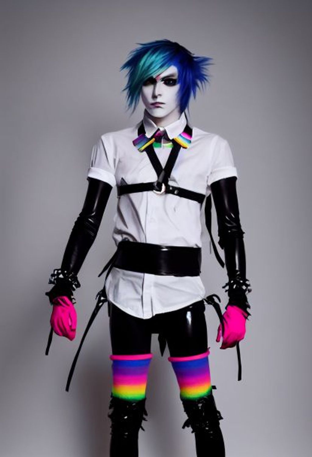 Prompt: full body character concept, emo young man wearing black body harness, bound in latex, scene hairstyle streaked with rainbow colors, Emo Punk Rock Long Sleeve Fingerless gloves, long black and white striped stockings, black eye shadow,